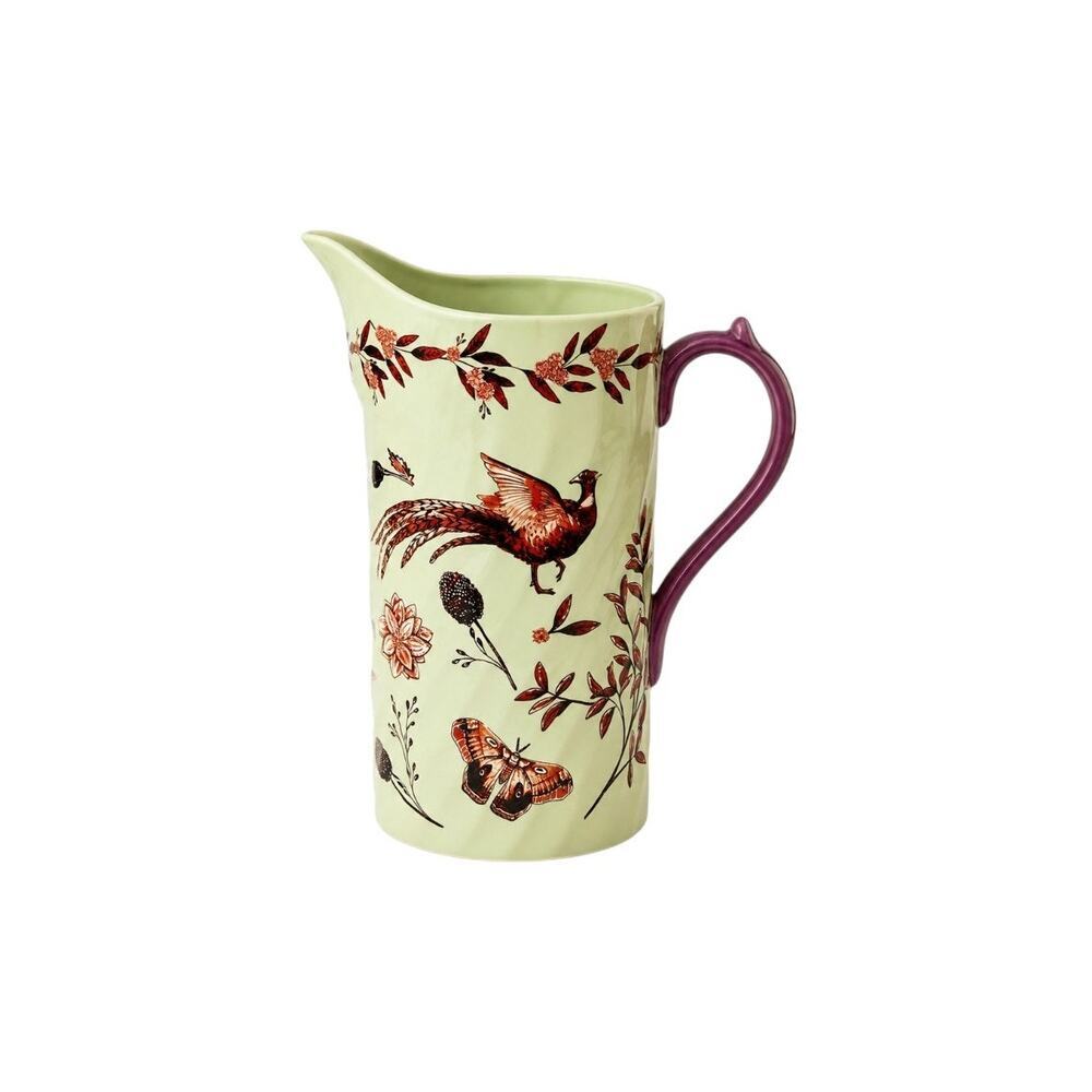 Anthropologie Elin Pitcher Handpainted Stoneware Pheasant Floral 18.5" Tall
